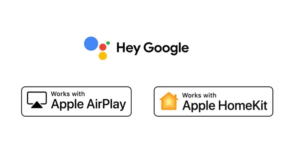 Có bốn logo được đặt theo thứ tự - Hey Google, alexa tích hợp, Làm việc với Apple AirPlay, Làm việc với Apple HomeKit.