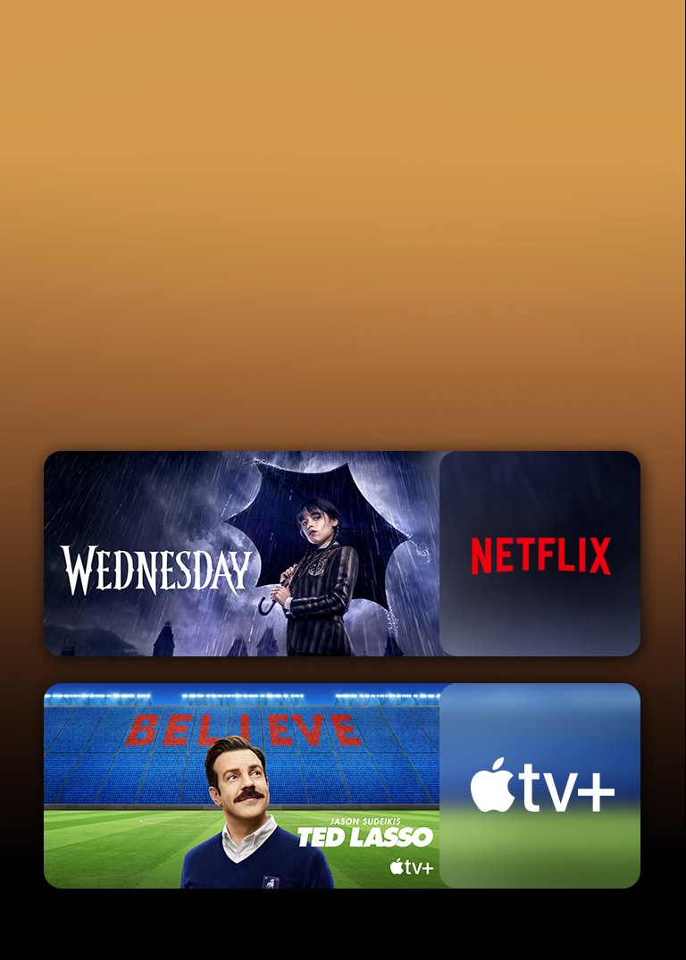 Có logo của các nền tảng dịch vụ phát trực tuyến và các cảnh quay phù hợp ngay bên cạnh mỗi logo. Có những hình ảnh về Thứ Tư của Netflix, The rings of power của PRIME VIDEO và con báo của LG CHANNELS.