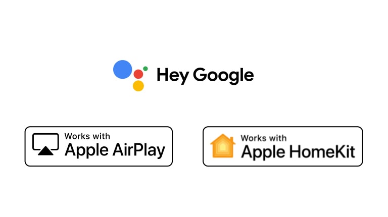 Chi tiết hiển thị logo của Hey Google, Apple Airplay và Apple HomeKit có sự tương thích với ThinQ AI.