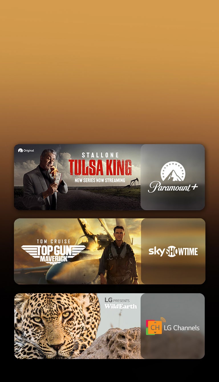 Có logo của các nền tảng dịch vụ phát trực tuyến và các cảnh quay phù hợp ngay bên cạnh mỗi logo. Có những hình ảnh của Thứ Tư của Netflix, TED LASSO của Apple TV và The rings of power của PRIME VIDEO.
