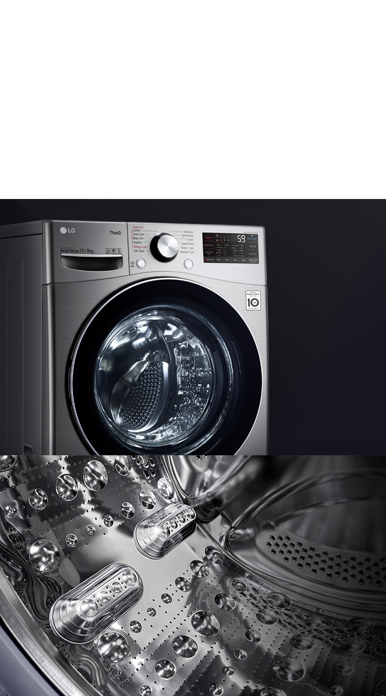 Hình ảnh hiển cho thấy mặt trước của máy giặt cửa trước, tập trung vào cửa kính cường lực. Hình ảnh thứ hai hiển thị bên trong lồng giặt, tập trung vào thiết kế thép không gỉ.