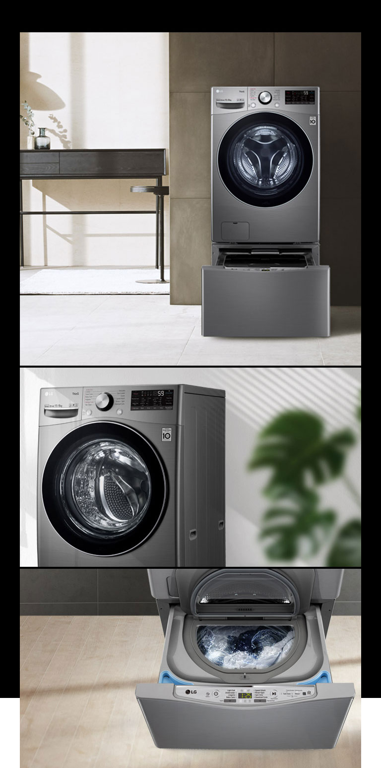 Một ảnh ghép cho thấy máy giặt tương thích TWINWash Mini trong một ngôi nhà theo phong cách hiện đại. Hình ảnh chụp mặt trước của máy giặt với cửa đang đóng và hai hình ảnh chụp ngăn dưới đang mở.