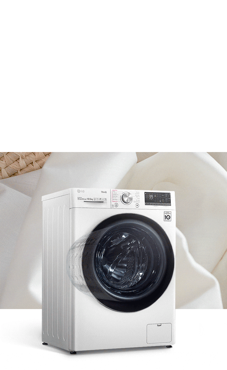 Một máy giặt, được thể hiện có công suất lớn, ở phía trước của hình ảnh giỏ giặt.