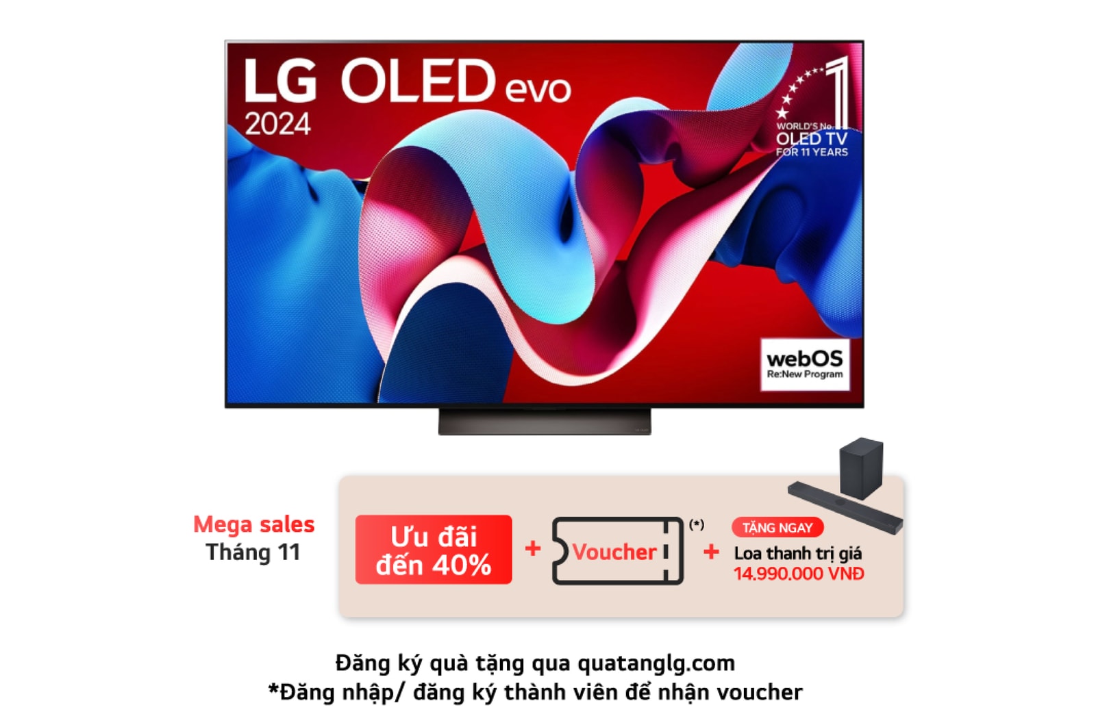 Hình ảnh mặt trước với TV LG OLED evo AI, OLED C4, Logo biểu tượng OLED 11 năm đứng đầu thế giới và logo webOS Re:New Program trên màn hình, cùng với Soundbar ở bên dưới