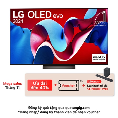 Hình ảnh mặt trước với LG OLED TV evo, OLED C4, Logo biểu tượng OLED 11 năm đứng đầu thế giới và logo webOS Re:New Program trên màn hình, cùng với Soundbar ở bên dưới