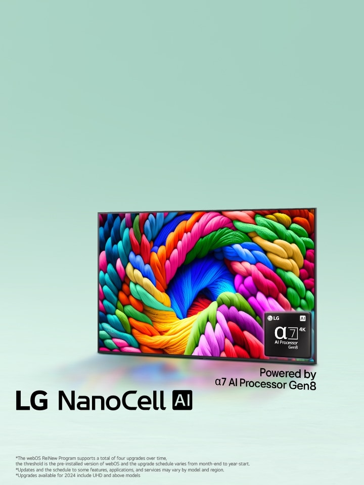 LG NanoCell TV sits slightly angled facing left and depicts colorful threads. The  alpha 7 AI Processor Gen8 logo is embedded in the bottom right corner of the TV. The background is a light teal gradient. Text is also visible, powered by alpha 7 AI Processor Gen8.