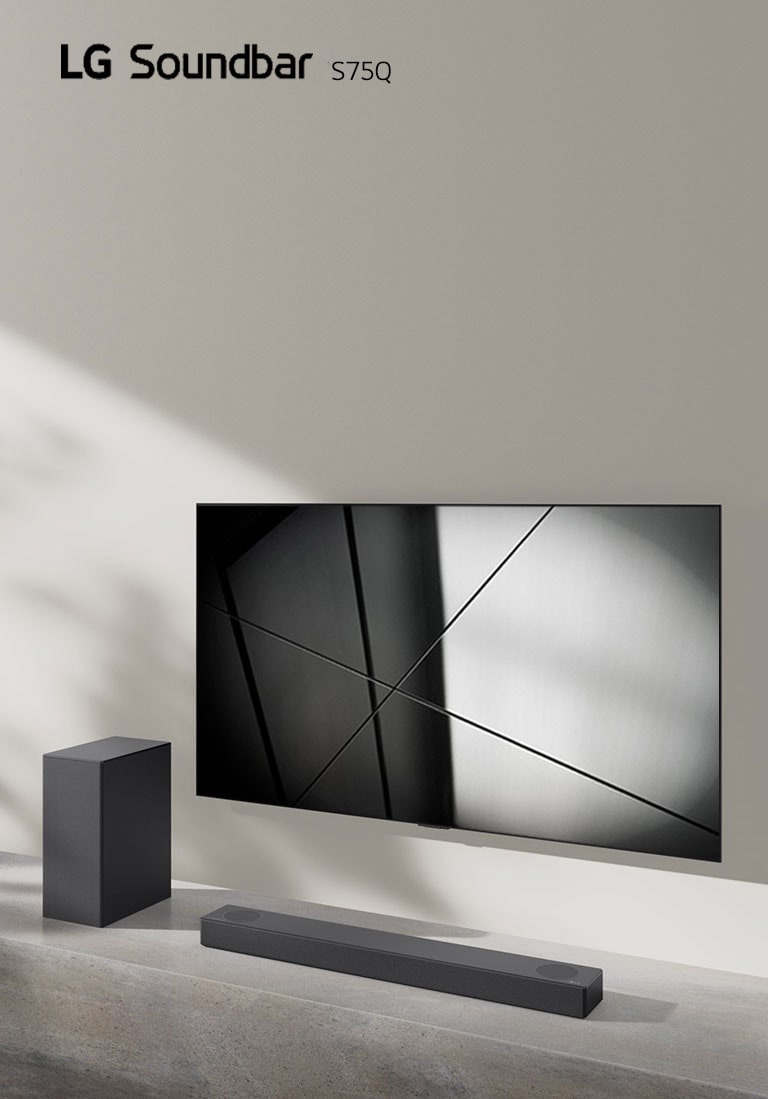 LG sound bar S65Q and LG TV are placed together in the living room. The TV is on, displaying a black and white image.