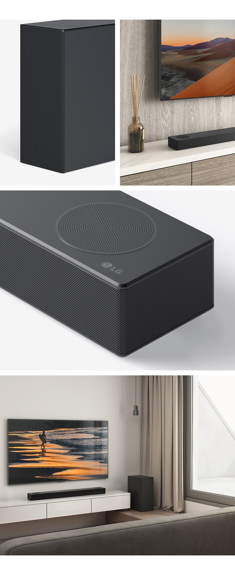 From left, an image of rear speaker, Close up of LG TV, showing the mountin on the screen and LG Sound Bar below. On the right, Clockwise from top-bottom: close-up of LG Sound Bar. LG TV, showing a beach at sunset, and LG Sound Bar, rear speaker is placed in the living room.