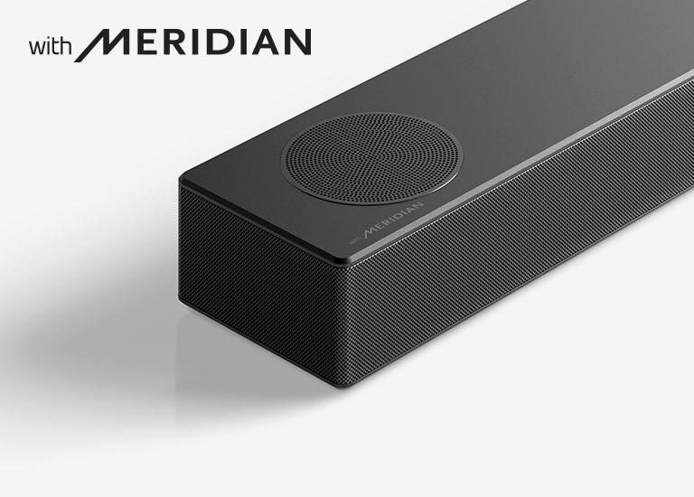 Close-up of LG Sound Bar left side with Meridian logo shown on bottom left corner on a product.