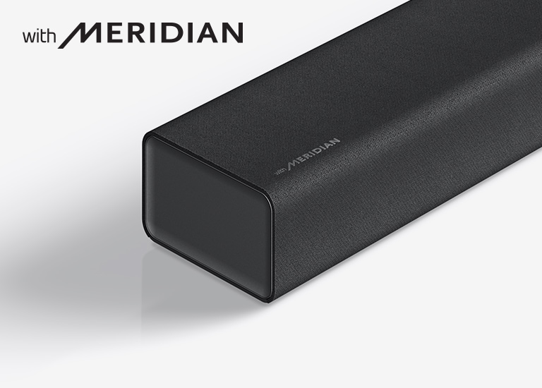 Close-up of LG Sound Bar left side with Meridian logo shown on bottom left corner on a product.