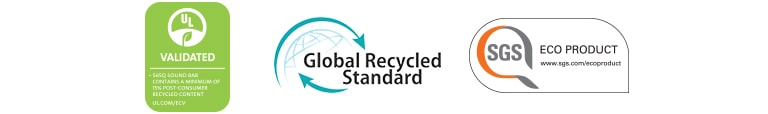 From left UL VALIDATED (logo), Global Recycled Standard (logo), SGS ECO PRODUCT (logo) are shown.