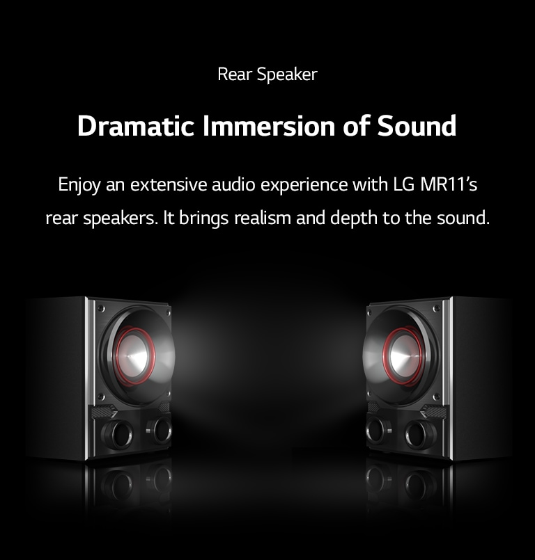 LG MR11's rear speakers are facing toward each other against the black background. A light is coming out from the woofer for illustrative purpose.