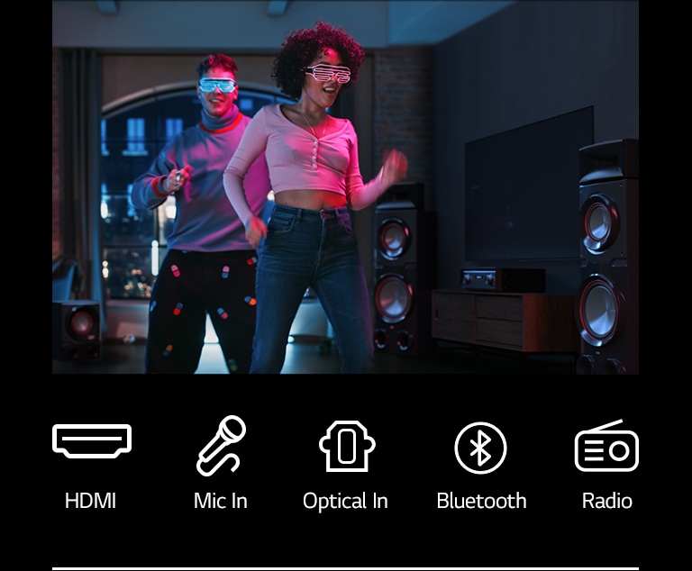 Two people are enjoying house party in the living room. LG MR11 is placed on the right side of the image. On the bottom of the image a white bar is placed below the icons.