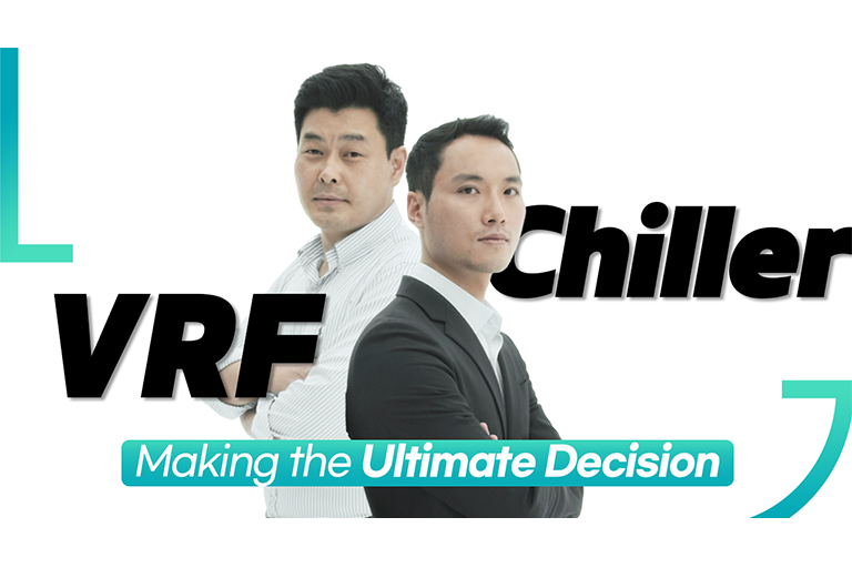 "Two men are crossing their arms and turning their backs on each other. (text) VRF Chiller Making the Ultimate Decision"