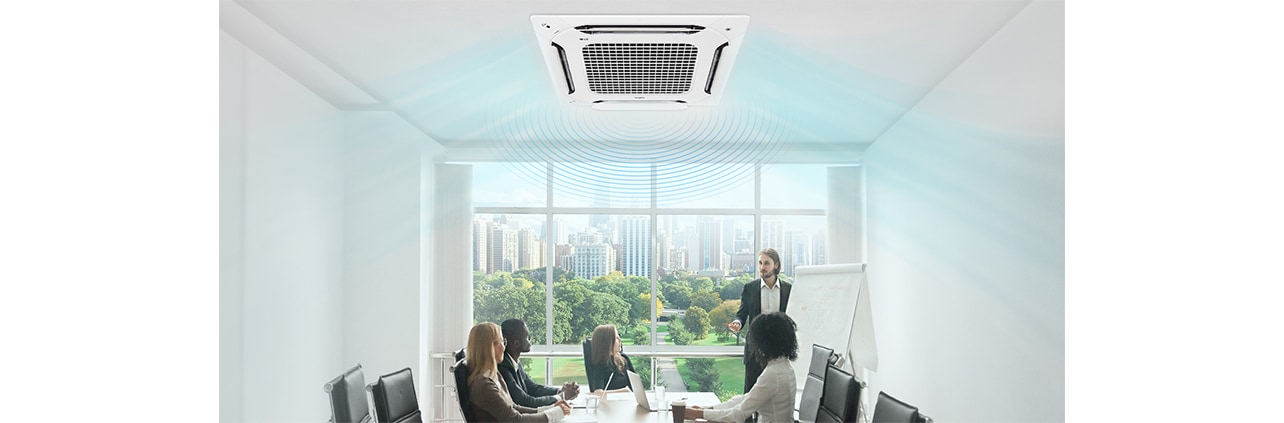 The image of a ceiling-mounted air conditioner blowing refreshing air