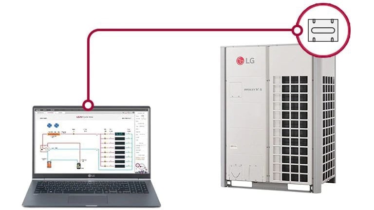 An expert wearing LG uniform inspects components and performance of HVAC by using electronic tools that detect abnormalities.