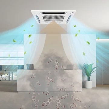 Square ceiling LG air conditioning(ac) unit draws in dirty air centrally, dispenses clean blue-colored air from four surrounding vents.