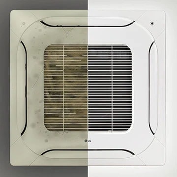 The LG ceiling-mounted cassette displayed centrally reveals a stark contrast. Its left half is covered in dust, while the right half remains clean.