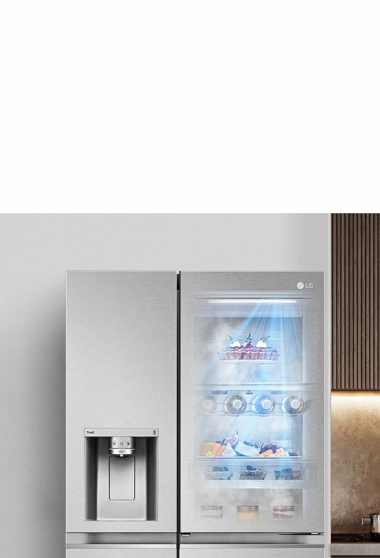 The front view of a black InstaView refrigerator with the light on inside. The contents of the refrigerator can be seen through the InstaView door. Blue rays of light shine down over the contents from the DoorCooling function.