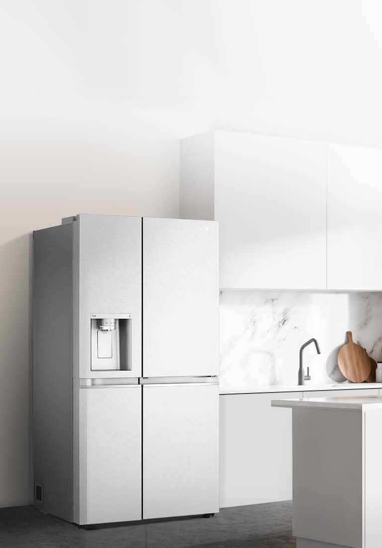 A side view of a kitchen with a black InstaView refrigerator installed.