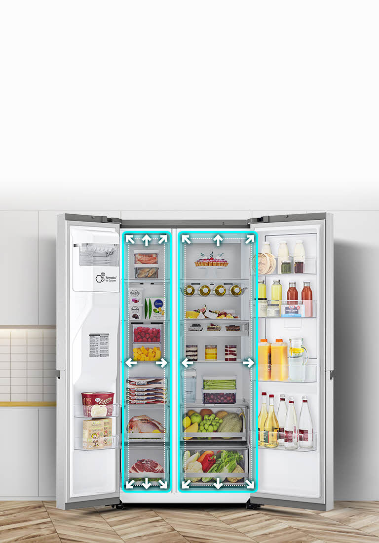 A video begins with the front view of the refrigerator with both doors wide open. The interior spaces are outlined in a neon lines and arrows begin to push the lines out to show that there is now more space inside. The neon square around the interior spaces flashes to show the difference between the new space and the old smaller space which is now outlined in a dotted white line.