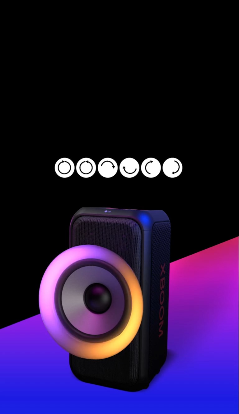 Text is placed on the black colored area, and the pictogram of multi color ring lighting's movements are shown; clockwise, counter-clockwise, upper and lower semicircle, left and right semicircle, and flash effect. The speaker is placed 45 degree angle to the left. And there is purple gradient colored area underneath for design purpose. 6.5-inch woofer is exaggerated in order to highlight its various colors.