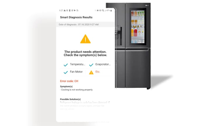 Image shows the LG ThinQ app's diagnosis screen next to a refrigerator.