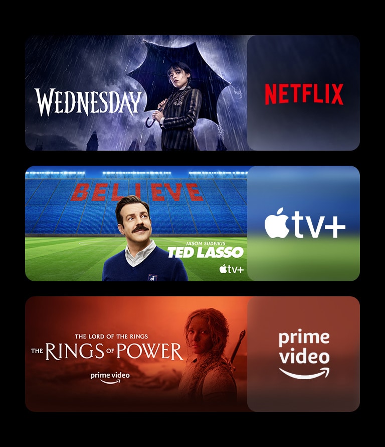 There are three image blocks – each with streaming platform logo and footage image. Netflix logo with the Wednesday, Apple TV plus logo with Ted lasso, Prime video logo with The rings of power.