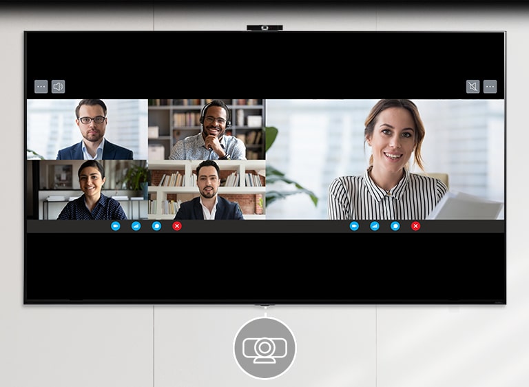 There is an LG Smart Cam-mounted TV placed on a white interior wall. The TV screen shows a video conference scene, with four people on the left side of the split-screen and one