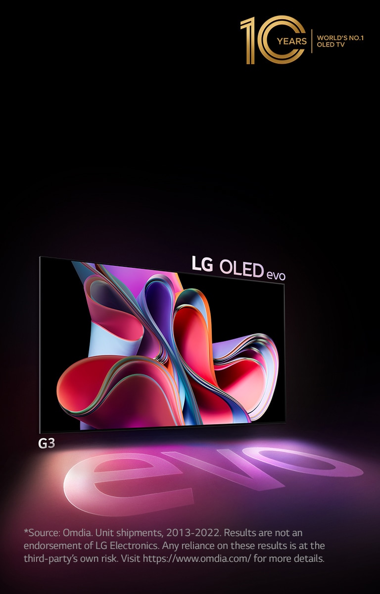 An image of LG OLED G3 against a black backdrop showing a bright pink and purple abstract artwork. The display casts a colorful shadow that features the word &quot;evo.&quot; The &quot;10 Years World's No.1 OLED TV&quot; emblem is in the top left corner of the image. 