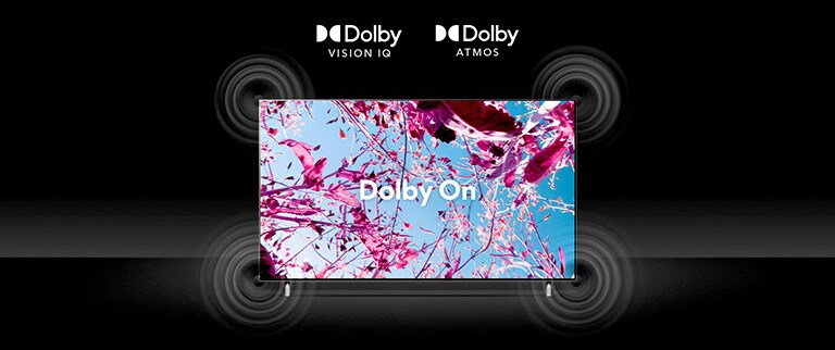 QNED TV screen shows a rapeseed pink flowers on summer field and the text in the middle says Dolby OFF. The inscreen image becomes brighter and the text changes to dolby on.