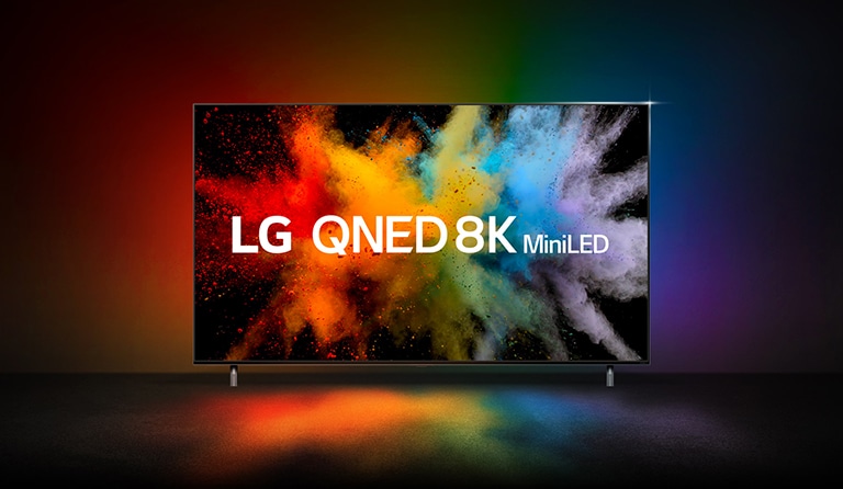 Typo-motion of QNED and NanoCell combine and explode into color powder in TV screen.