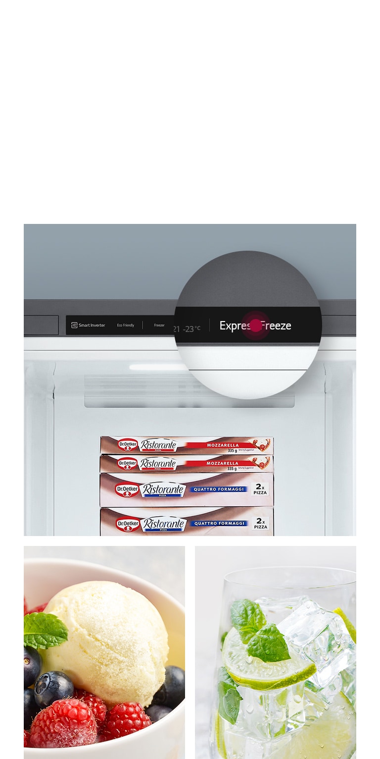 One image shows a bowl of icecream with a fruit topping. A second image shows the interior of the freezer stocked with ice cream and a magnification bubble showing the "Express Freeze" button. A third image shows a drink with a lot of ice.