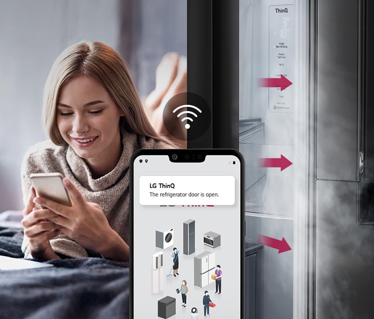 A woman lounges on a bed looking at her phone screen on one image. The second image shows that the refrigerator door has been left open. In the foreground of the two images is the phone screen which shows the LG ThinQ app notifications and the Wifi icon above the phone.