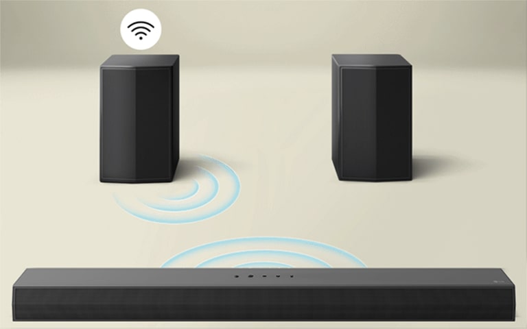 Rear speakers are facing an LG Soundbar with blue curves illustrating connectivity between the speaker and soundbar. A black and white connectivity symbol is above the rear speakers.