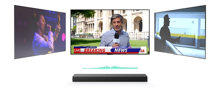 An LG Soundbar has three different TV screens above it. The one directly above shows a news announcer filming a breaking news broadcast outside an ornate building. The TV on the right-hand side shows a still from an action movie with a man in shadow. The TV on the left-hand side shows a music concert with a woman singing. In between the TV and soundbar, there is a mint diagram of a soundwave.