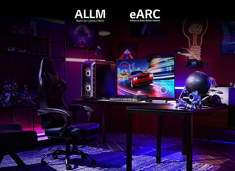 A guy plays a driving game in a game room with pink, blue, and purple RGB lighting and a collection of action figures.