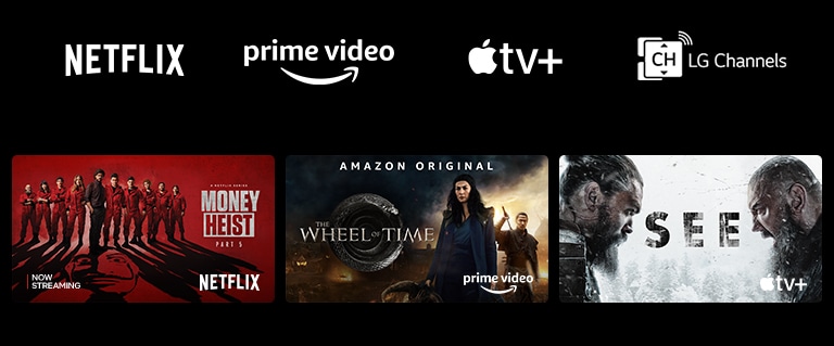 A poster of Money Heist from Netflix, The Wheel of Time from Prime Video, and See from Apple TV Plus.