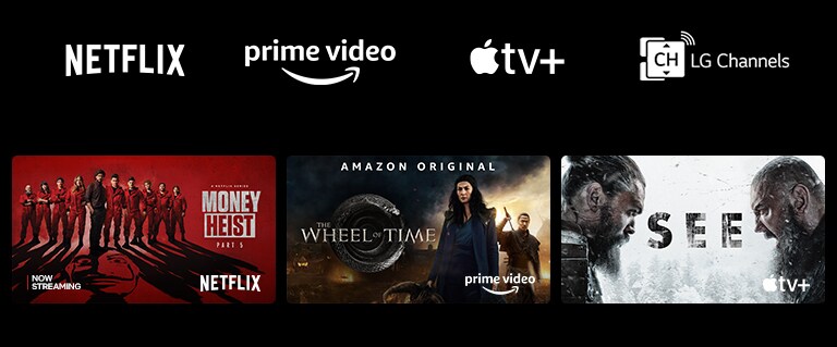 A poster of Money Heist from Netflix, The Wheel of Time from Prime Video, and See from Apple TV Plus.