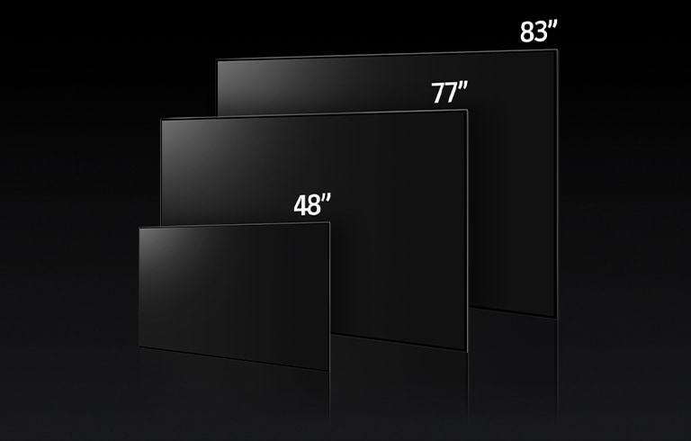 An image comparing LG OLED C3's varying sizes, showing 42", 48", 55", 65", 77", and 83".