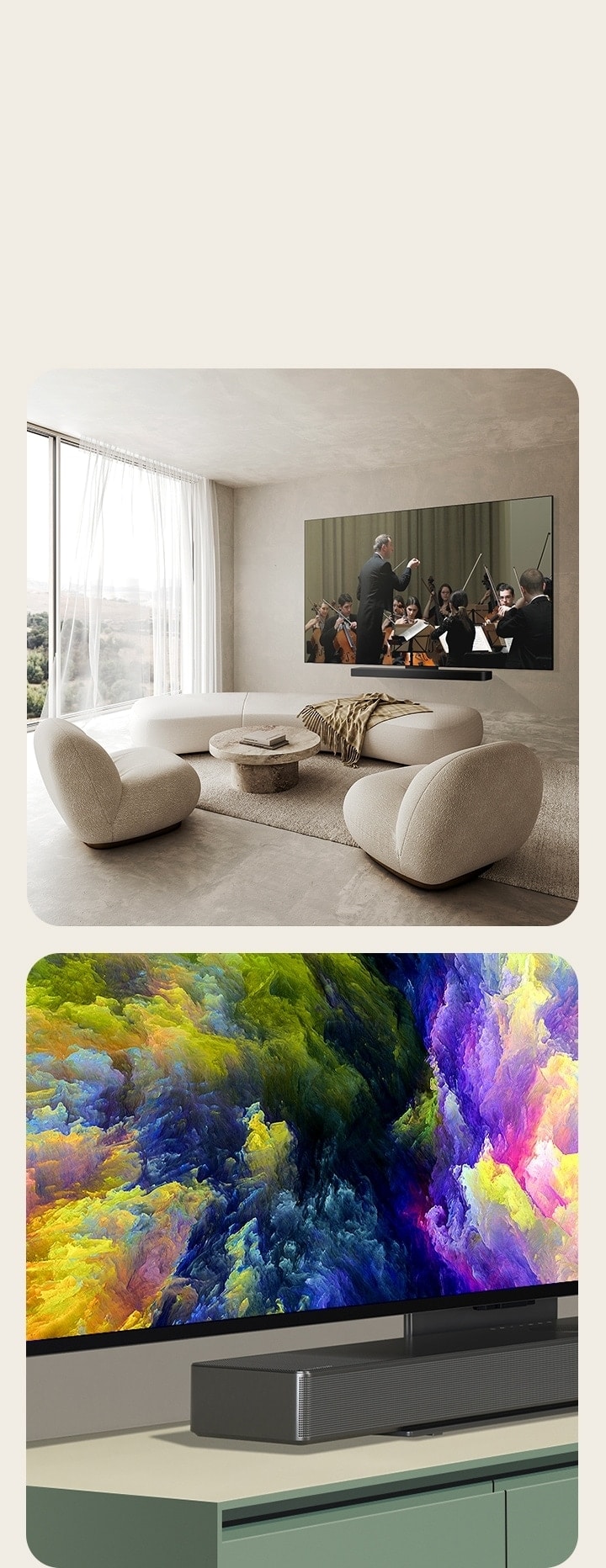 "An angled perspective of the bottom corner of LG OLED TV, OLED C4 showing an abstract artwork of a forest on the screen. The TV is attached to an LG Soundbar via the Synergy bracket and has an abstract artwork of a forest on screen.   LG OLED TV, OLED C4 and an LG Soundbar in a clean living space flat against the wall with an orchestral performance playing on screen. "