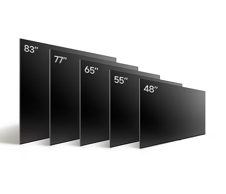 Comparing LG OLED TV, OLED C4's varying sizes, showing OLED 55&quot;, OLED C4 65&quot;, OLED C4 77&quot;, and OLED C4 83&quot;.