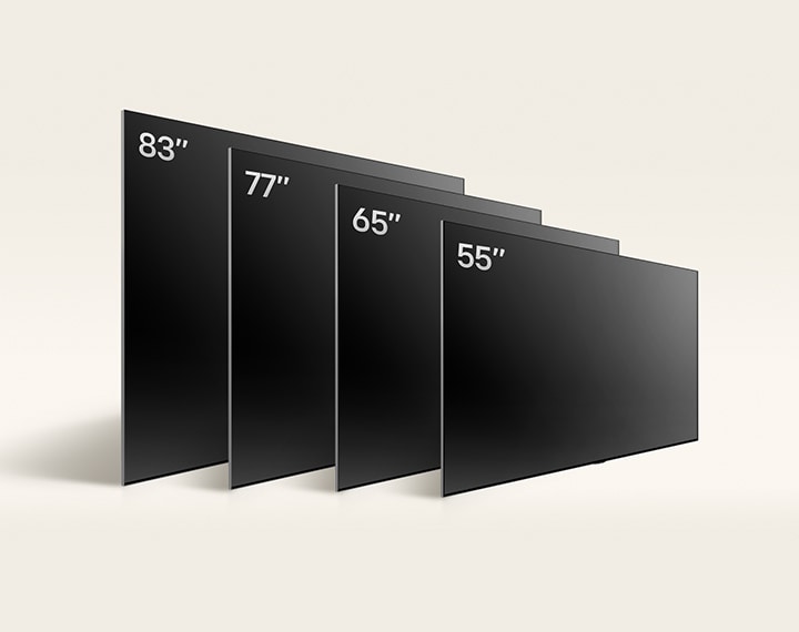 Comparing LG OLED TV, OLED C4's varying sizes, showing OLED 55", OLED C4 65", OLED C4 77", and OLED C4 83".