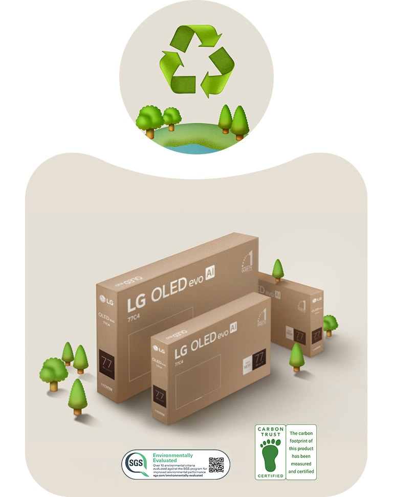 LG OLED packaging against a beige background with illustrated trees.