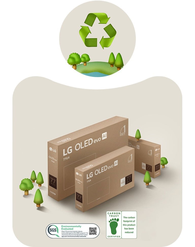 LG OLED packaging against a beige background with illustrated trees.