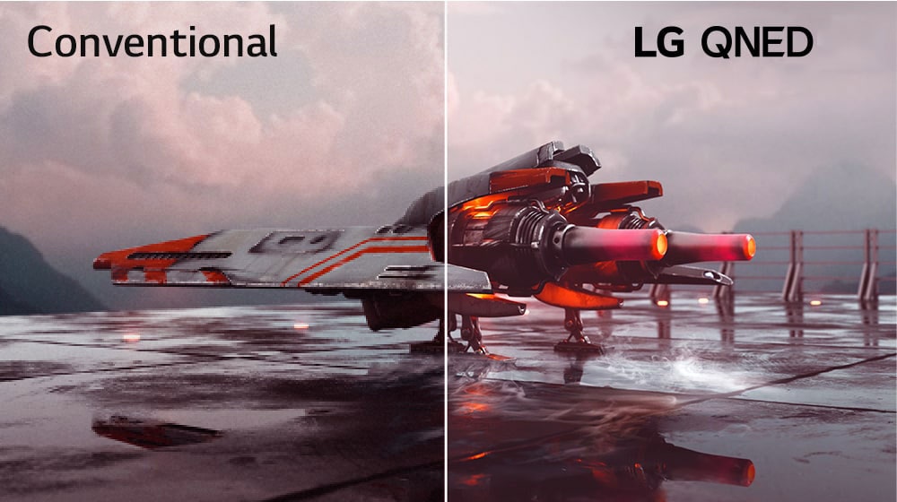 There is a red fighter plane and an image is divided into two – left half of image seems less colorful and slightly darker while right half of image is brighter and more colorful. On left top corner of image says Conventional and on right top corner is LG QNED Logo.