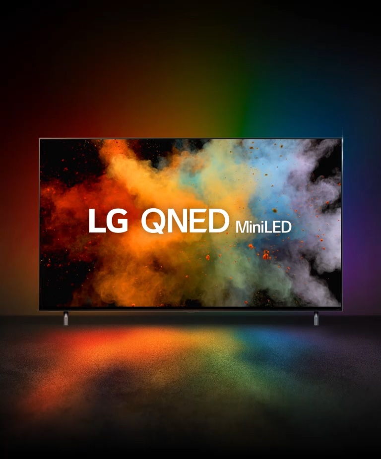 Typo-motion of QNED and NanoCell overlap and explode into color powder. LG QNED 8K miniLED logo appears on TV.