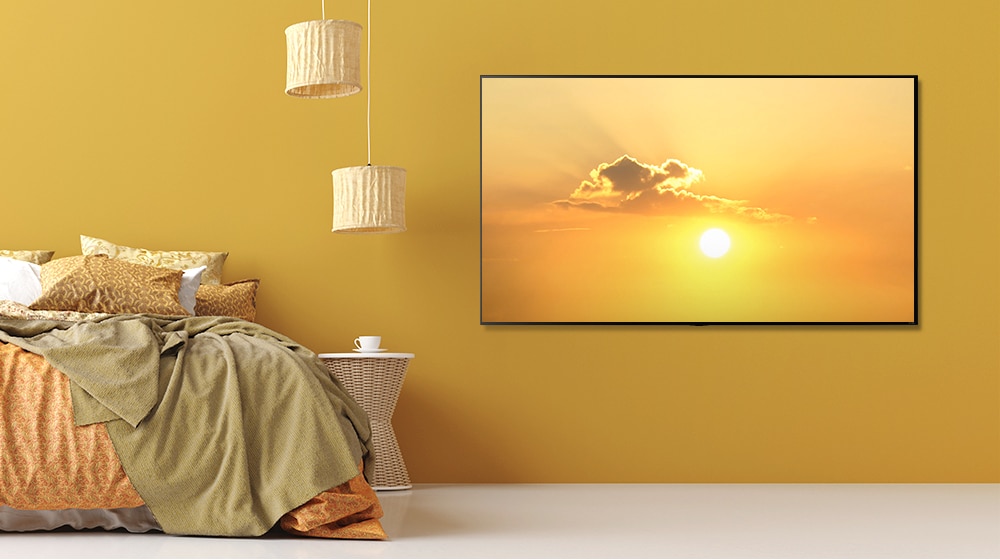 A TV hanging on living room shows a sky with bird flying. TV turns off and the scene changes to show a TV hanging on bedroom and TV turns on and the TV shows the same scene of a sky with bird flying.