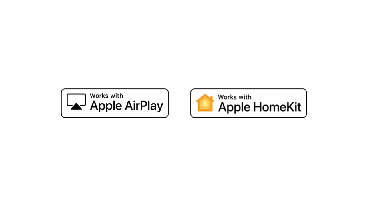 There are four logos displaced in order – Hey alexa built-in, Works with Apple AirPlay, Works with Apple HomeKit.