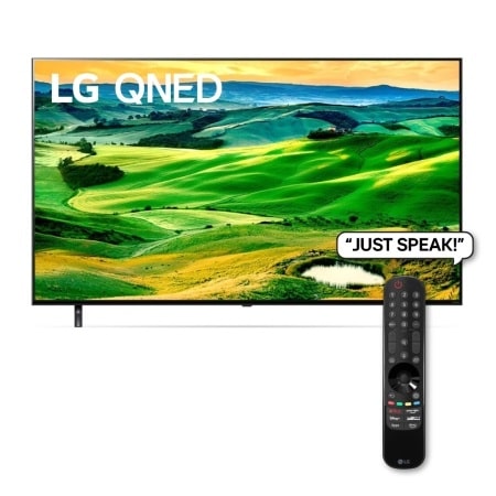 A front view of the LG QNED TV with infill image and product logo on